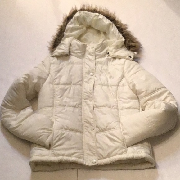 DELIA*S  CREAM COLOR PUFF JACKET COAT WITH FAUX FUR HOOD SZ M - Picture 11 of 11